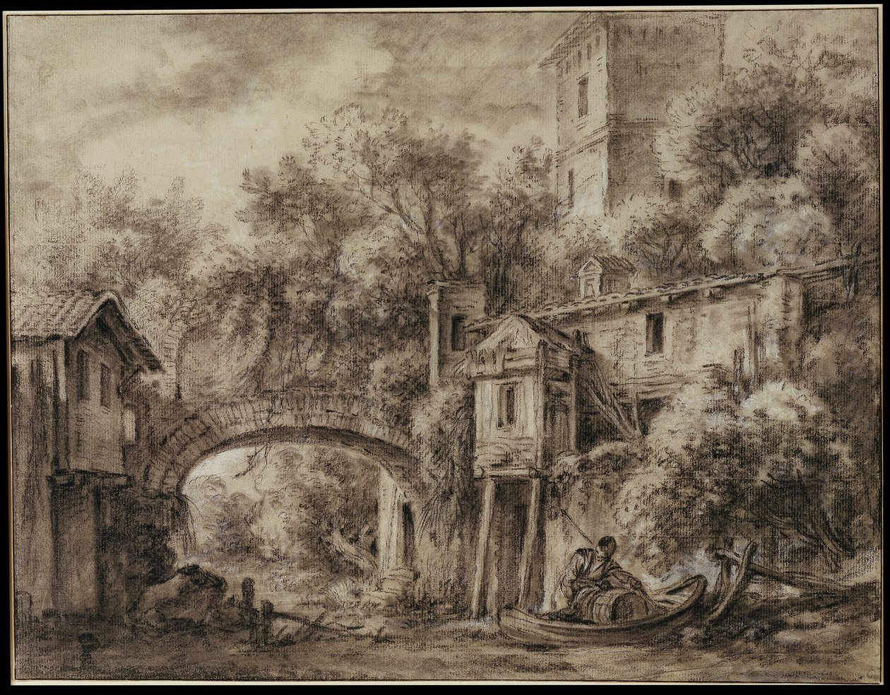 Architectonisch capriccio met de molen van Quiquengrogne bij Charenton door François Boucher