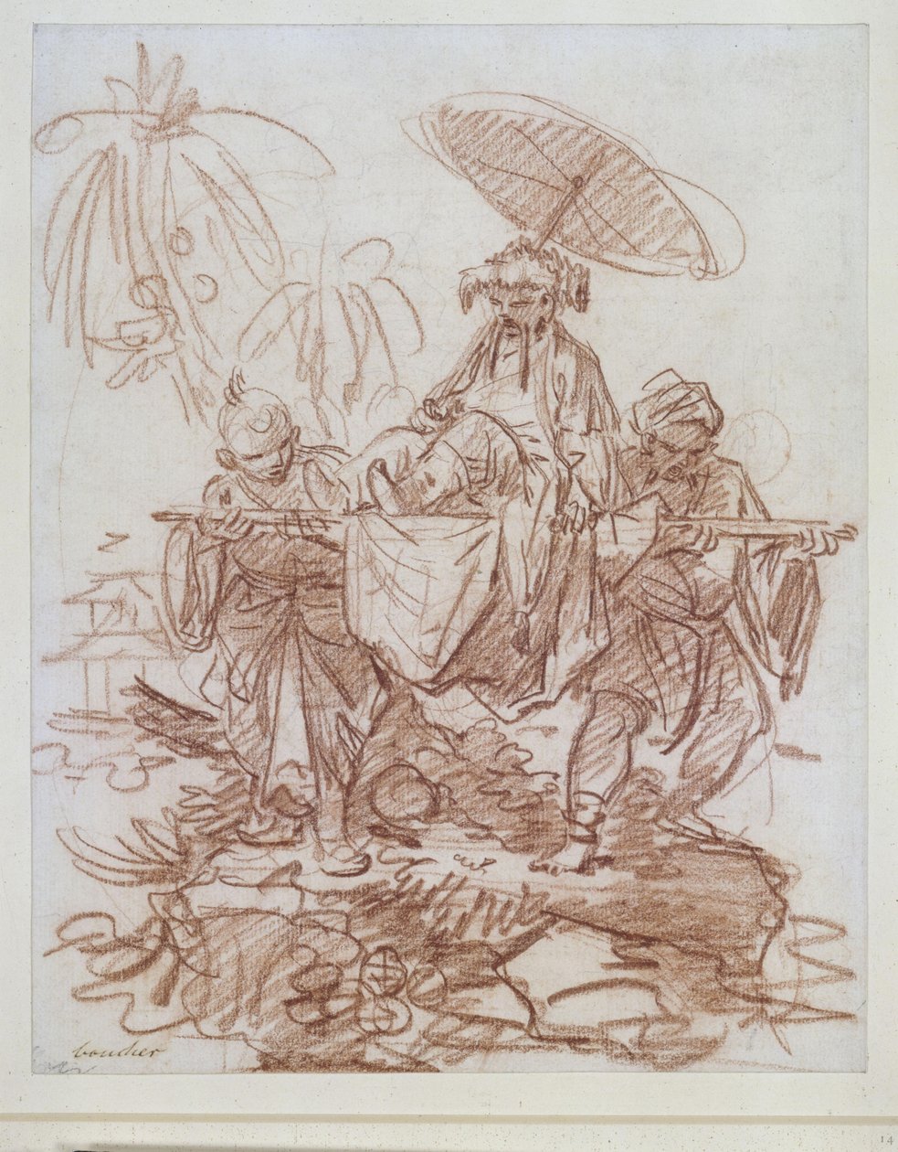 Chinese hoogwaardigheidsbekleder, gedragen door twee bedienden door François Boucher