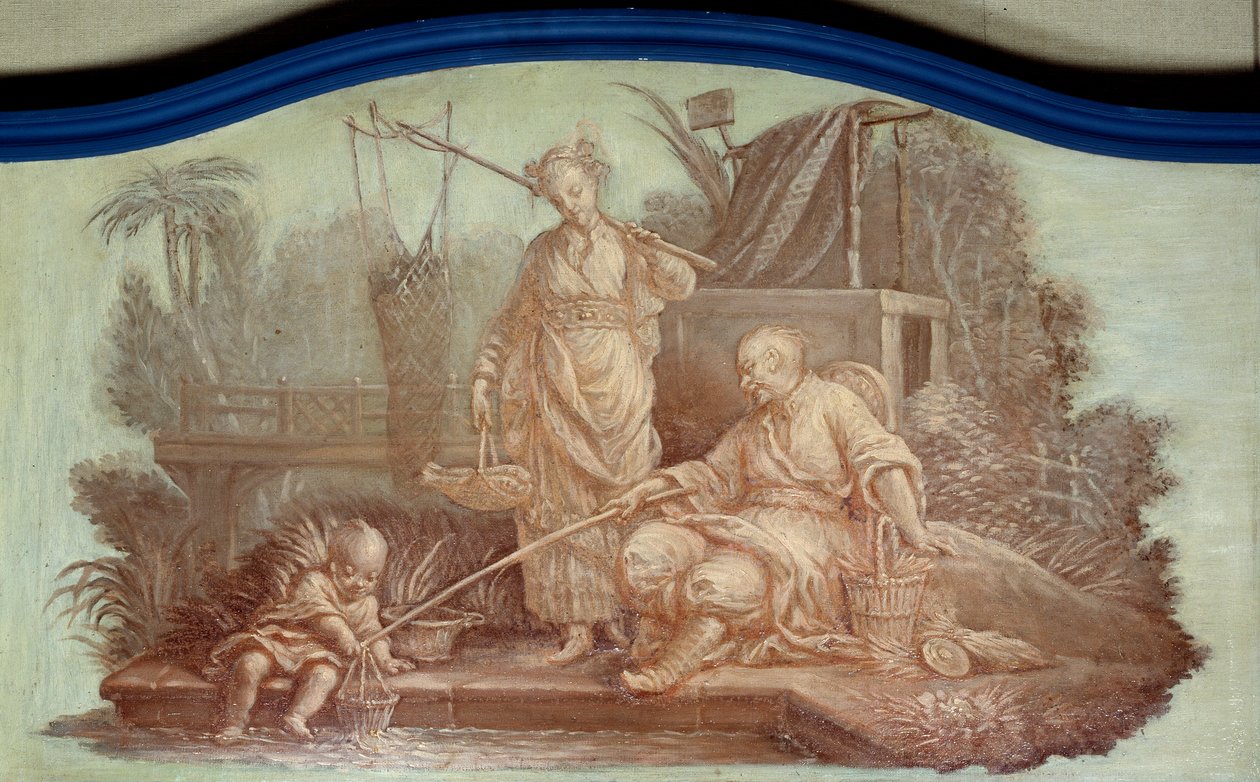 Chinoiserie: Scène van vissen in China. Front de porte getekend door François Boucher (1703-1770) door François Boucher