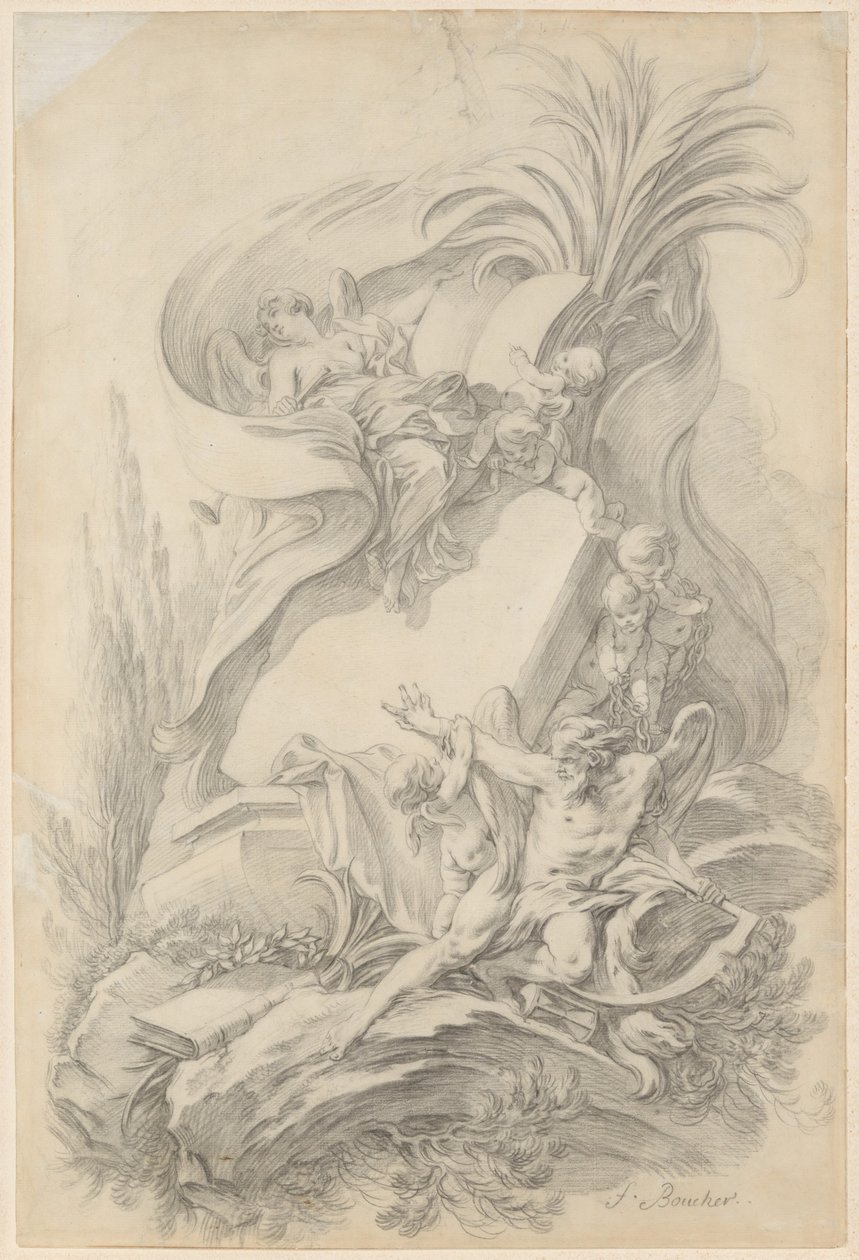 Ontwerp voor een frontispice: De liefde houdt de tijd in bedwang door François Boucher