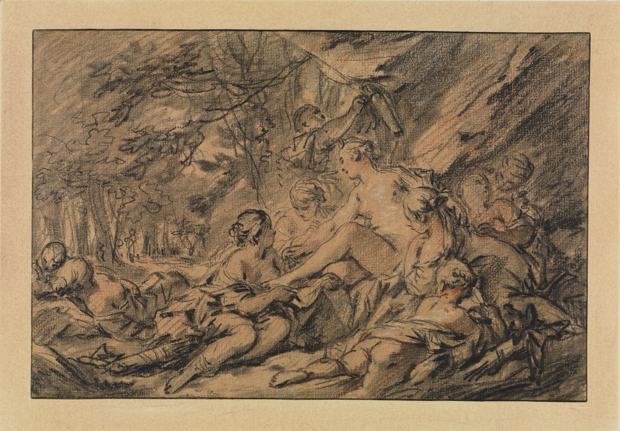 Diana rust uit in het bos met haar nimfen door François Boucher
