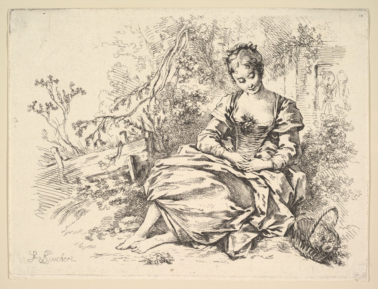 Meisje in een landschap met een mand vol bloemen door François Boucher