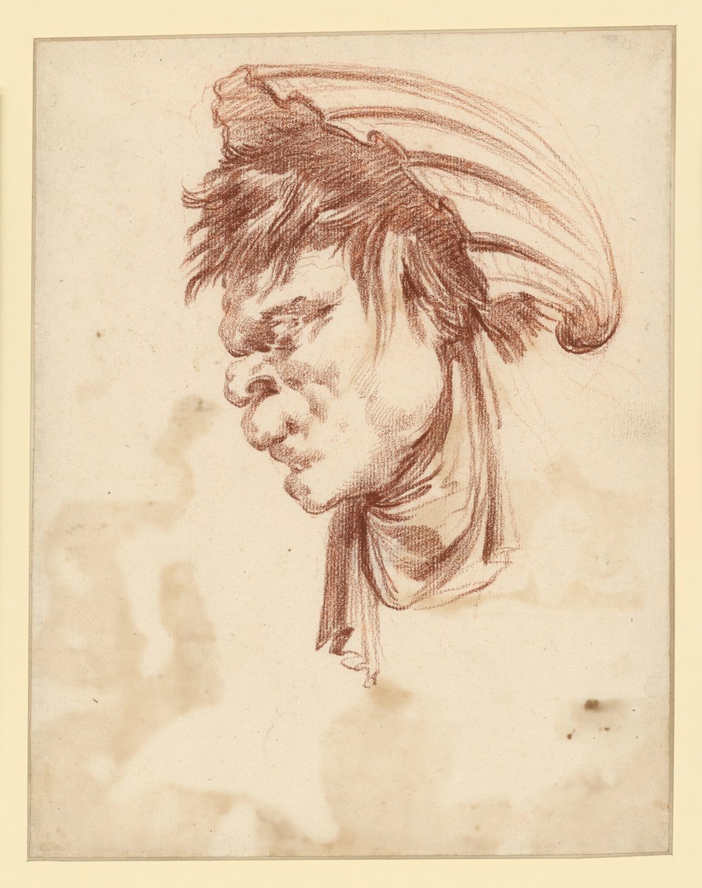 Grotesk hoofd in profiel naar links, met een schelp als hoofddeksel door François Boucher