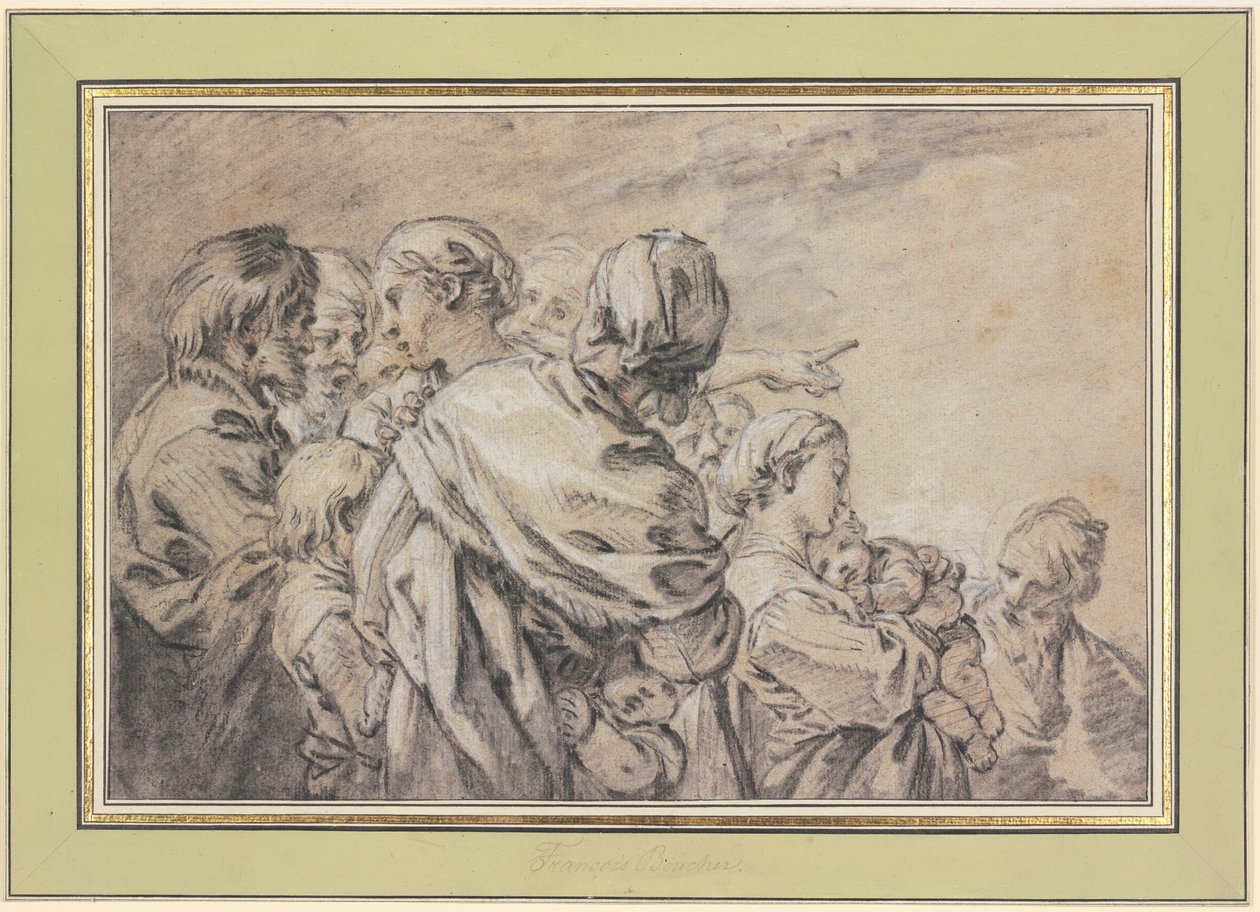 Groep halffiguren met mannen en vrouwen met kinderen door François Boucher