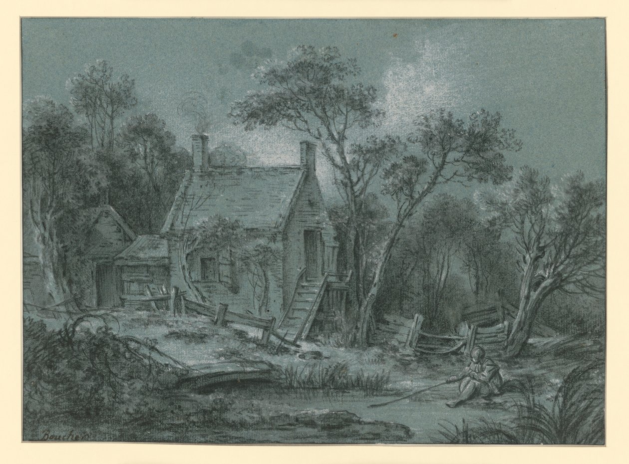 Huis met een trap tussen de bomen, met daarvoor een visser door François Boucher