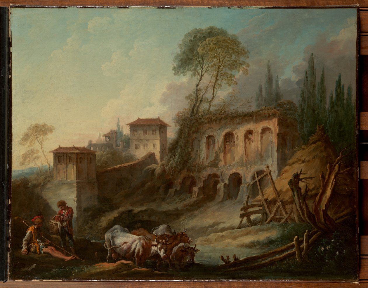 Fictief landschap met de Palatijn vanaf Campo Vaccino door François Boucher