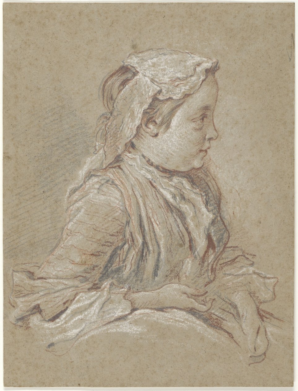 Jonge vrouw met kanten muts door François Boucher