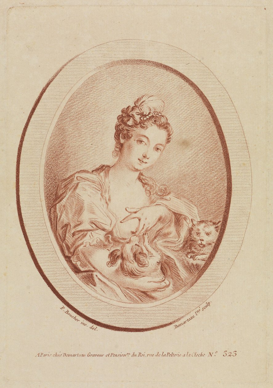 Jonge vrouw met schoothondje en katje door François Boucher