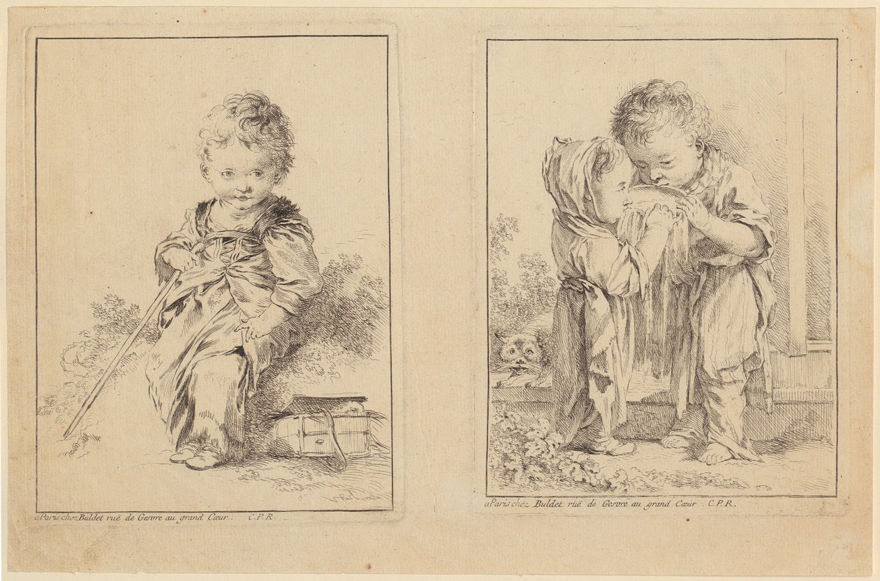 De kleine Savoyard en de kleine melkdrinkers [twee platen] door François Boucher