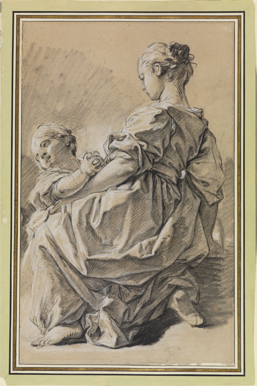 Knielende jonge vrouw met kind door François Boucher