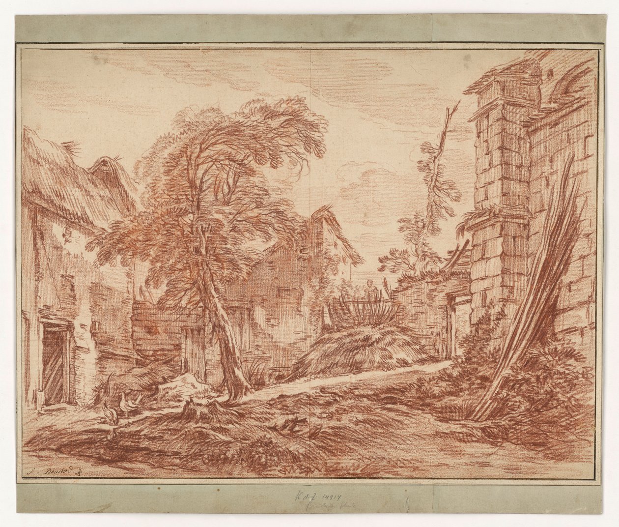 Landelijk landschap met een boerderij en ruïnes door François Boucher