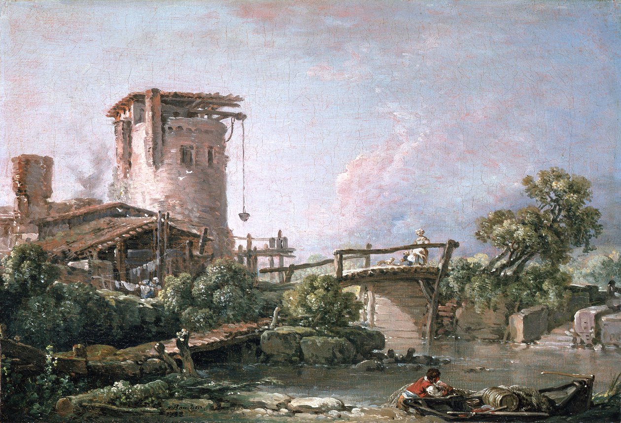 Landschap met toren en brug door François Boucher