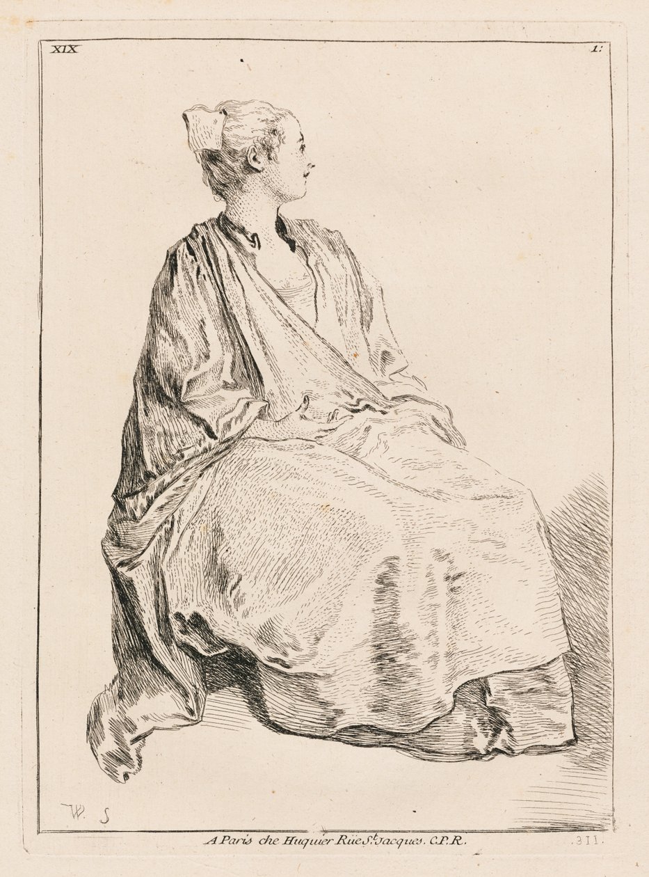 Zittende vrouw naar rechts gewend door François Boucher