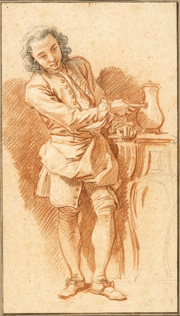 Studie van bediende met koffiepot, c.1739 (rood krijt, met zwart krijt en een vleugje grafiet, gehoogd met wit krijt, op buff gelayed papier) door François Boucher