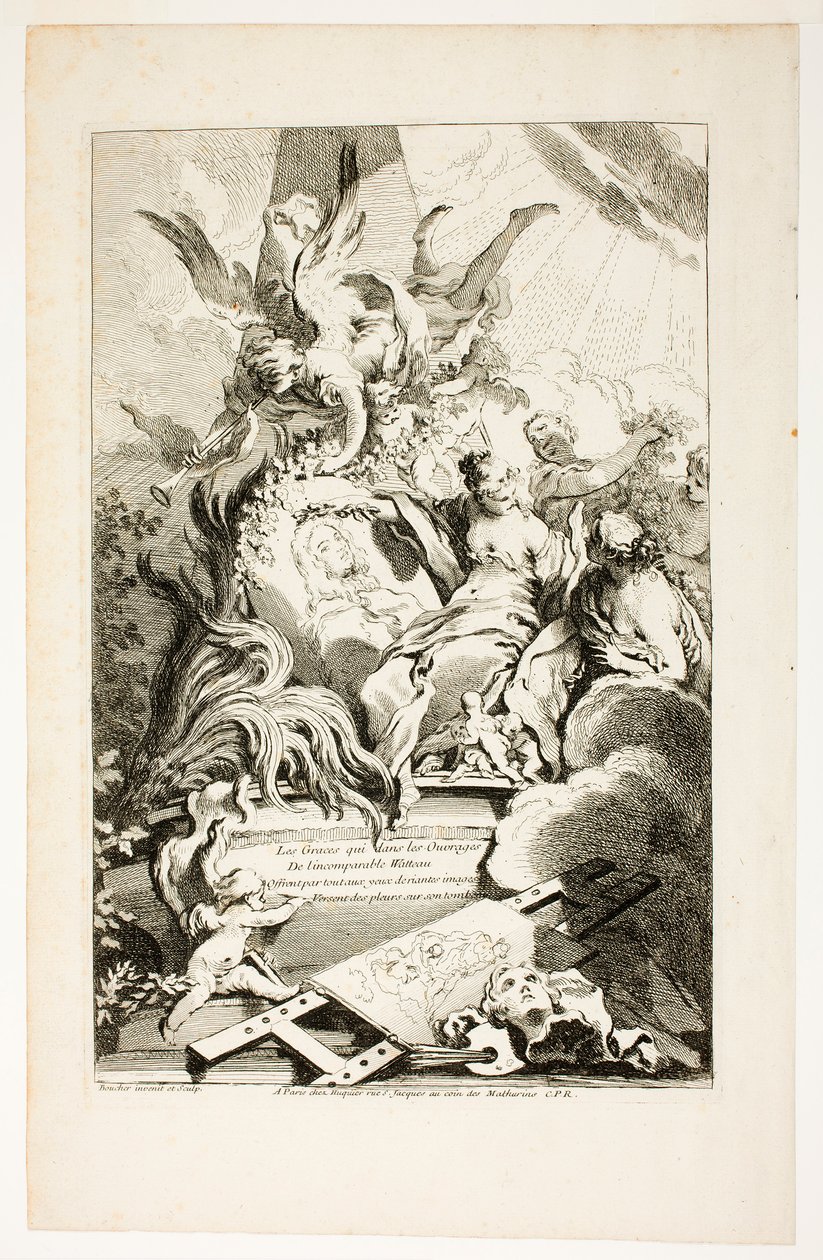 De Gratiën op het graf van Watteau door François Boucher