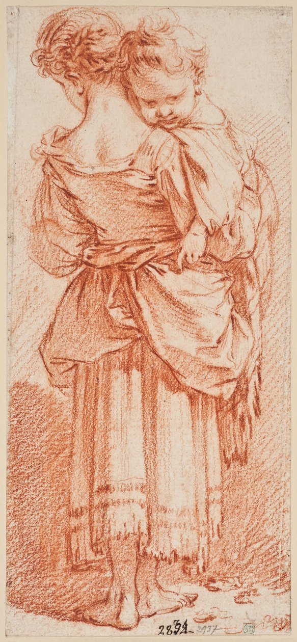 Jonge vrouw met een kind op de arm, gezien van achteren door François Boucher