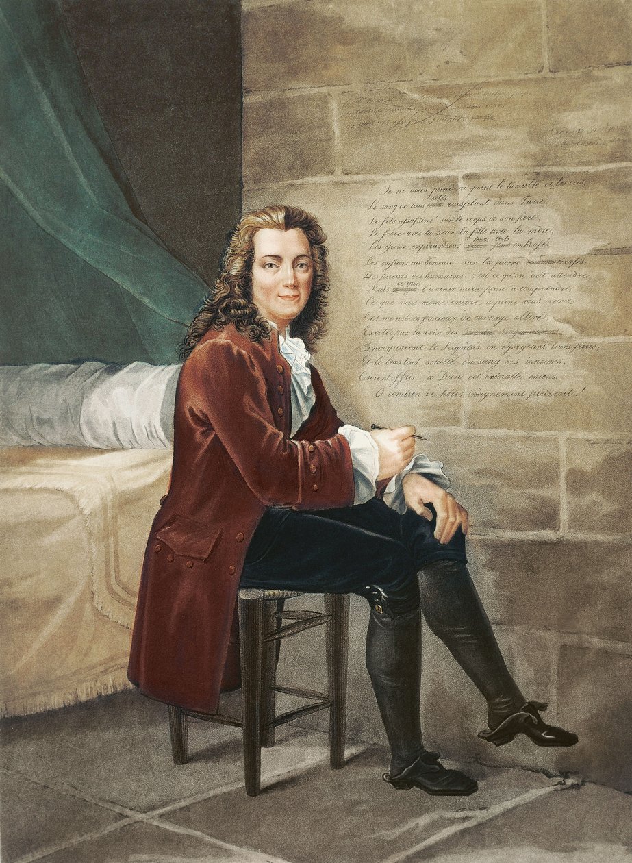 Voltaire gevangen in de Bastille schrijft La Henriade in 1728 door Francois Bouchot