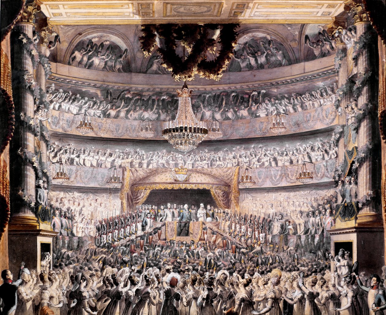 Lodewijk XVIII (1755-1824) woont het theater van Odeon bij op een feest gegeven door de Nationale Garde van Parijs in 1819 door Francois Buffet