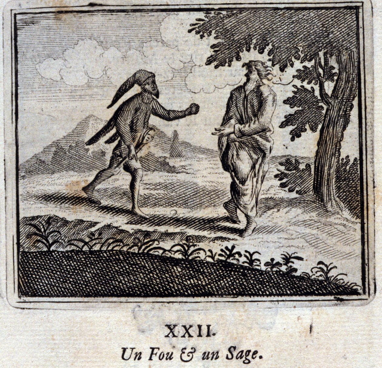 Een gek en een wijze. Fabels door Jean de La Fontaine (1621-95). Illustratie door François Chauveau (1613-1676). Editie van 1728. door Francois Chauveau