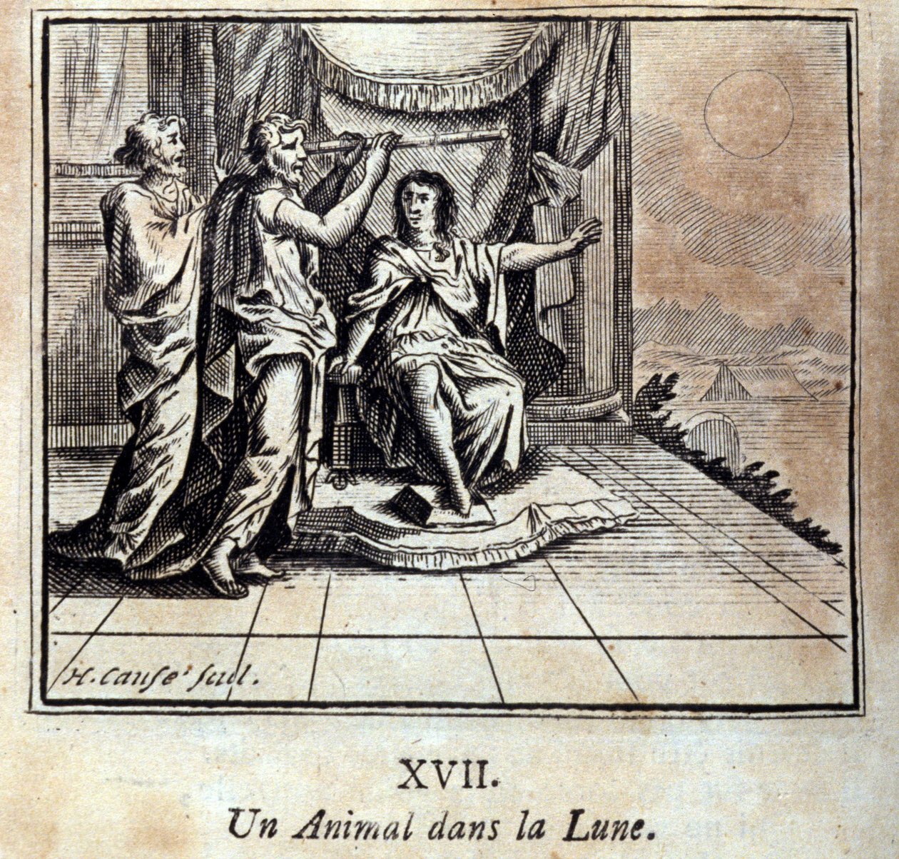 Een dier in de maan. Fabels van Jean de La Fontaine. Illustratie door François Chauveau. Editie van 1728. door Francois Chauveau