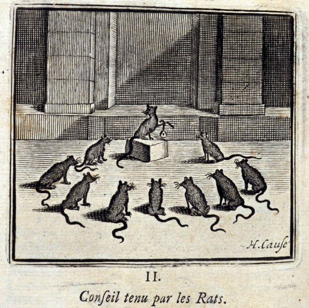 Raad gehouden door de Ratten. Fabels van Jean de La Fontaine. Illustratie door François Chauveau. Editie van 1728. door Francois Chauveau