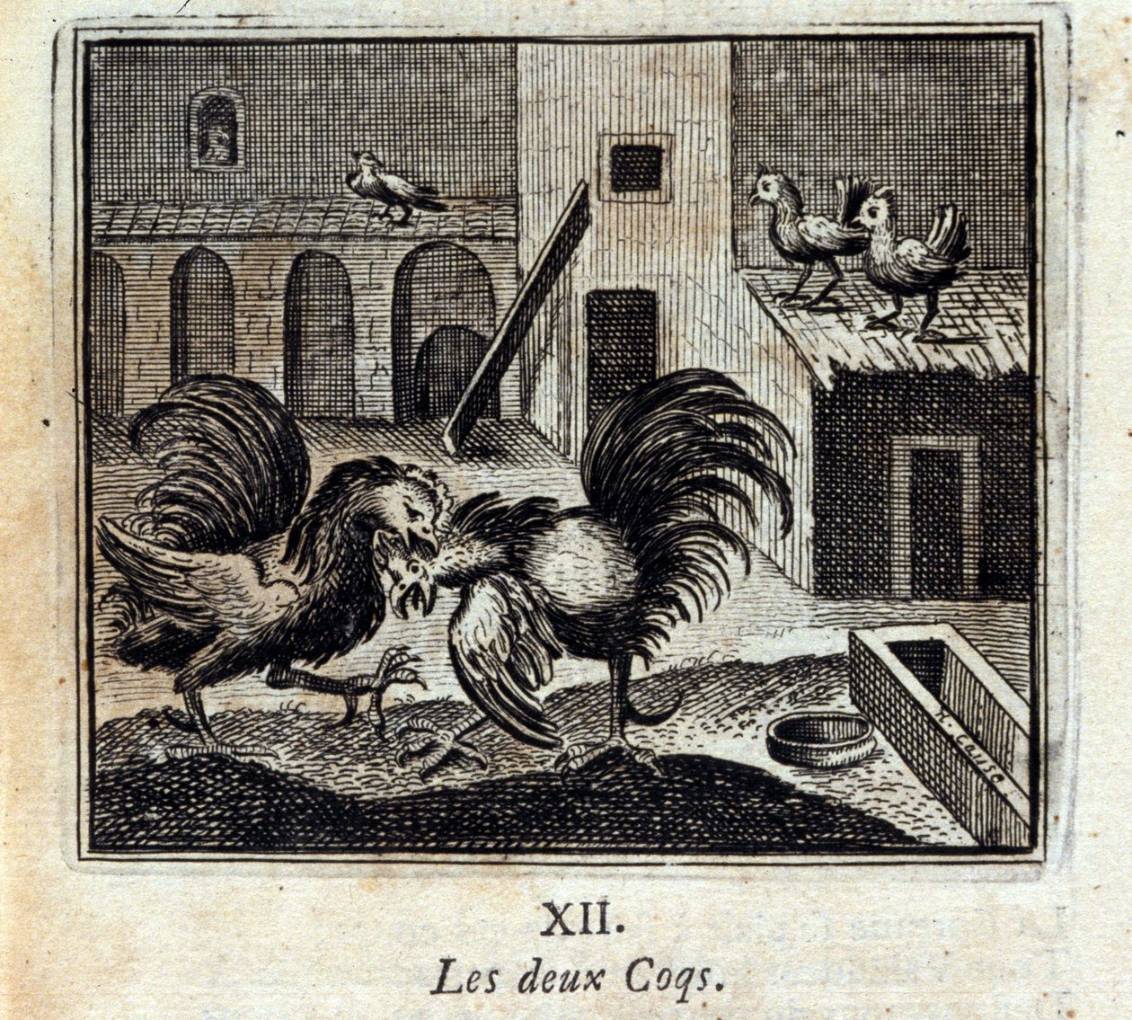 Beide hanen. Fabels van Jean de La Fontaine. Illustratie door François Chauveau. Editie van 1728. door Francois Chauveau
