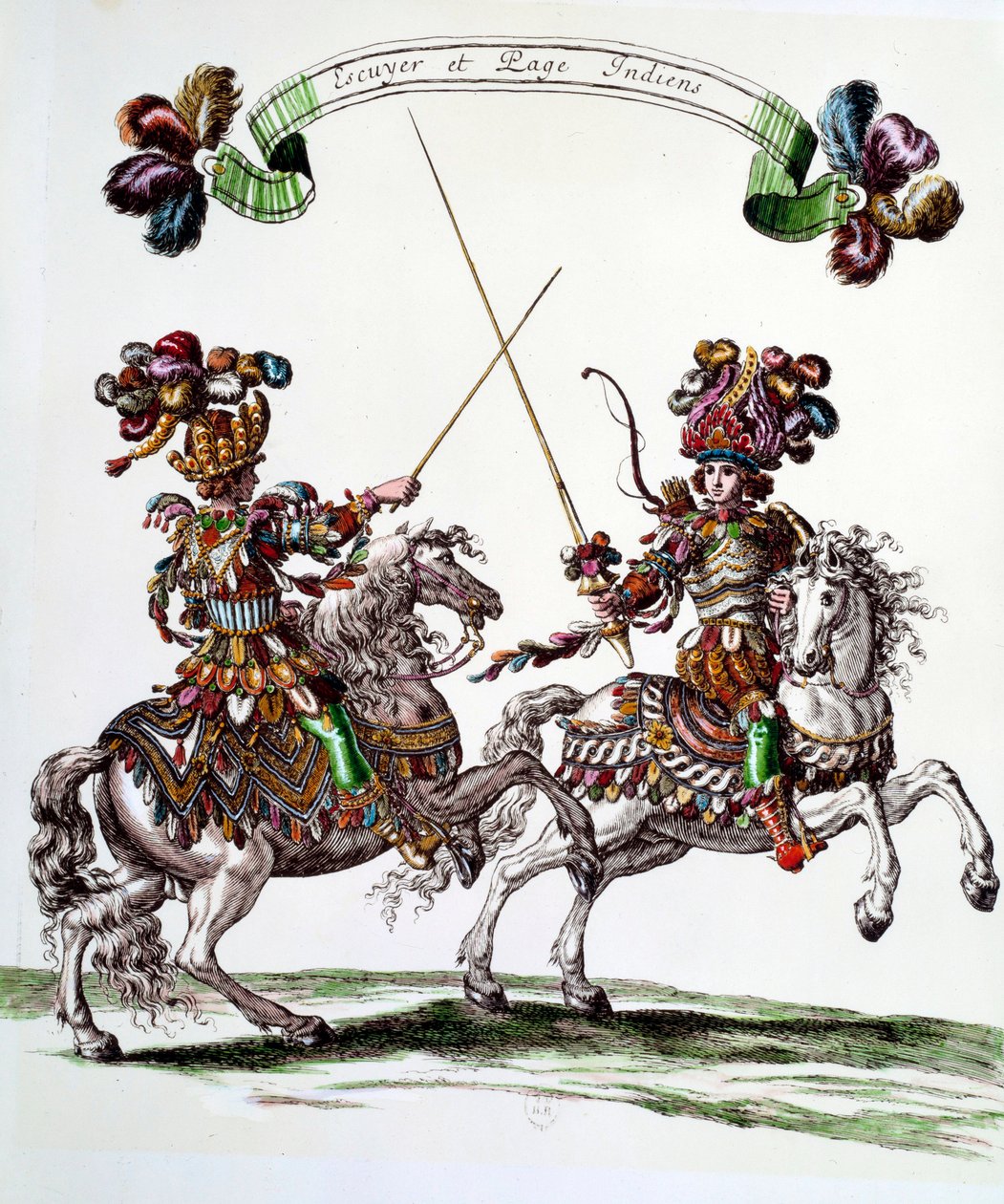 Indiase ruiter en page tijdens het carrousel gegeven door koning Lodewijk XIV in 1662 ter viering van de geboorte van de Dauphin door Francois Chauveau