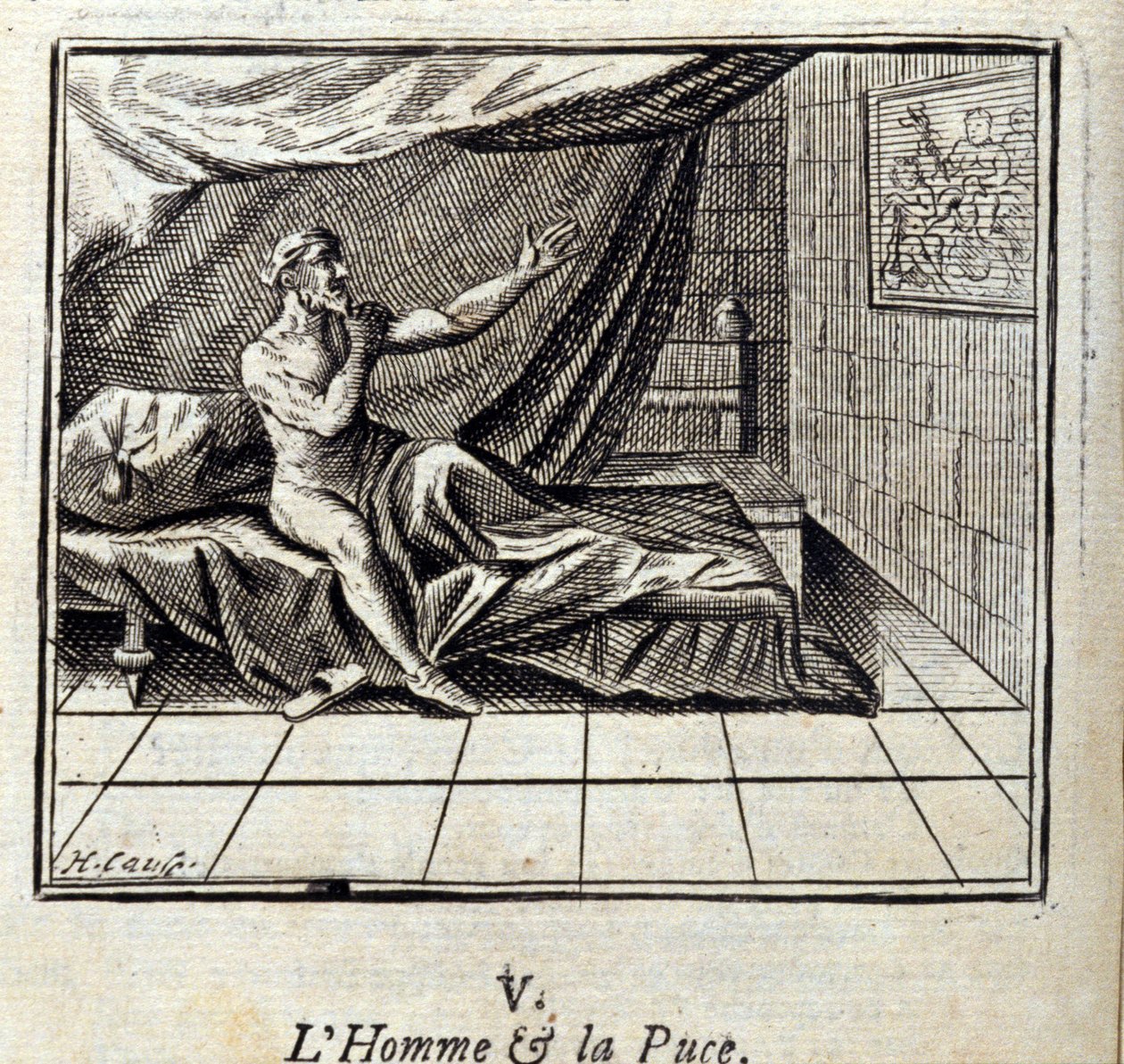 De man en de vlo. Fabels van Jean de La Fontaine. Illustratie door François Chauveau. Editie van 1728. door Francois Chauveau