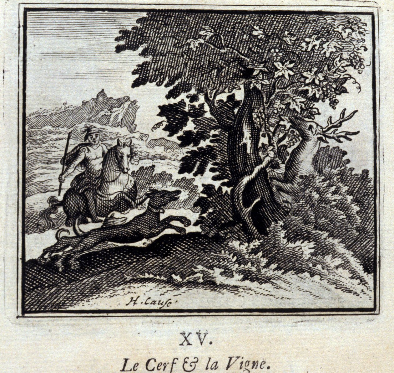 Het hert en de wijnstok. Fabels door Jean de La Fontaine (1621-95). Illustratie door François Chauveau (1613-1676). Editie van 1728. door Francois Chauveau