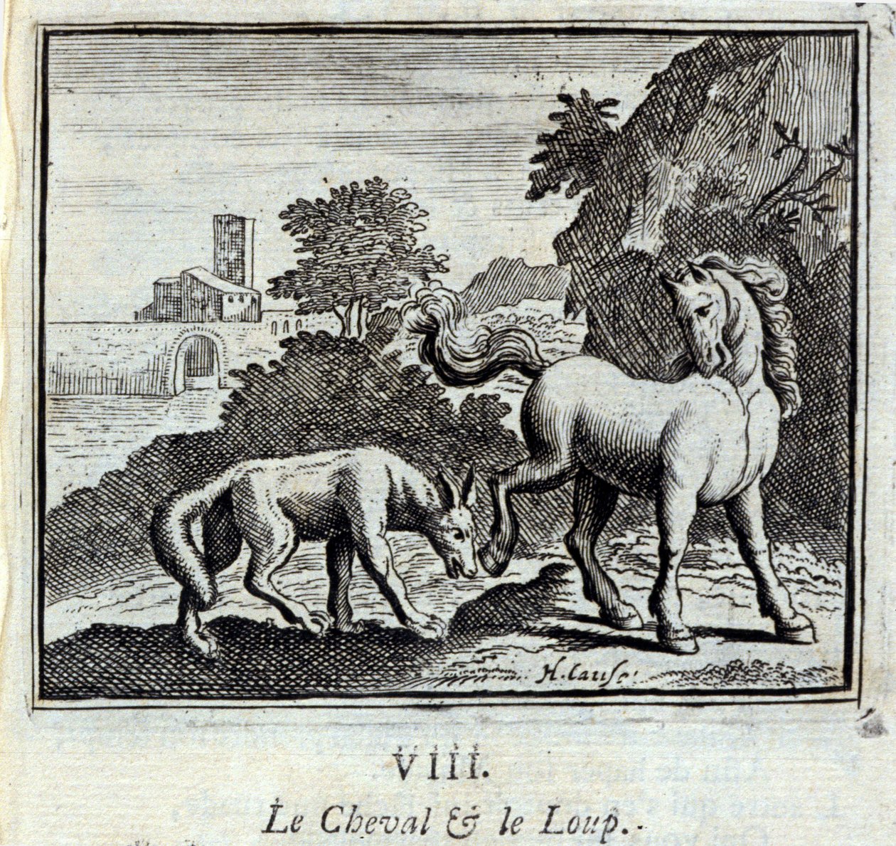 Het paard en de wolf. Fabels door Jean de La Fontaine (1621-95). Illustratie door François Chauveau (1613-1676). Editie van 1728. door Francois Chauveau