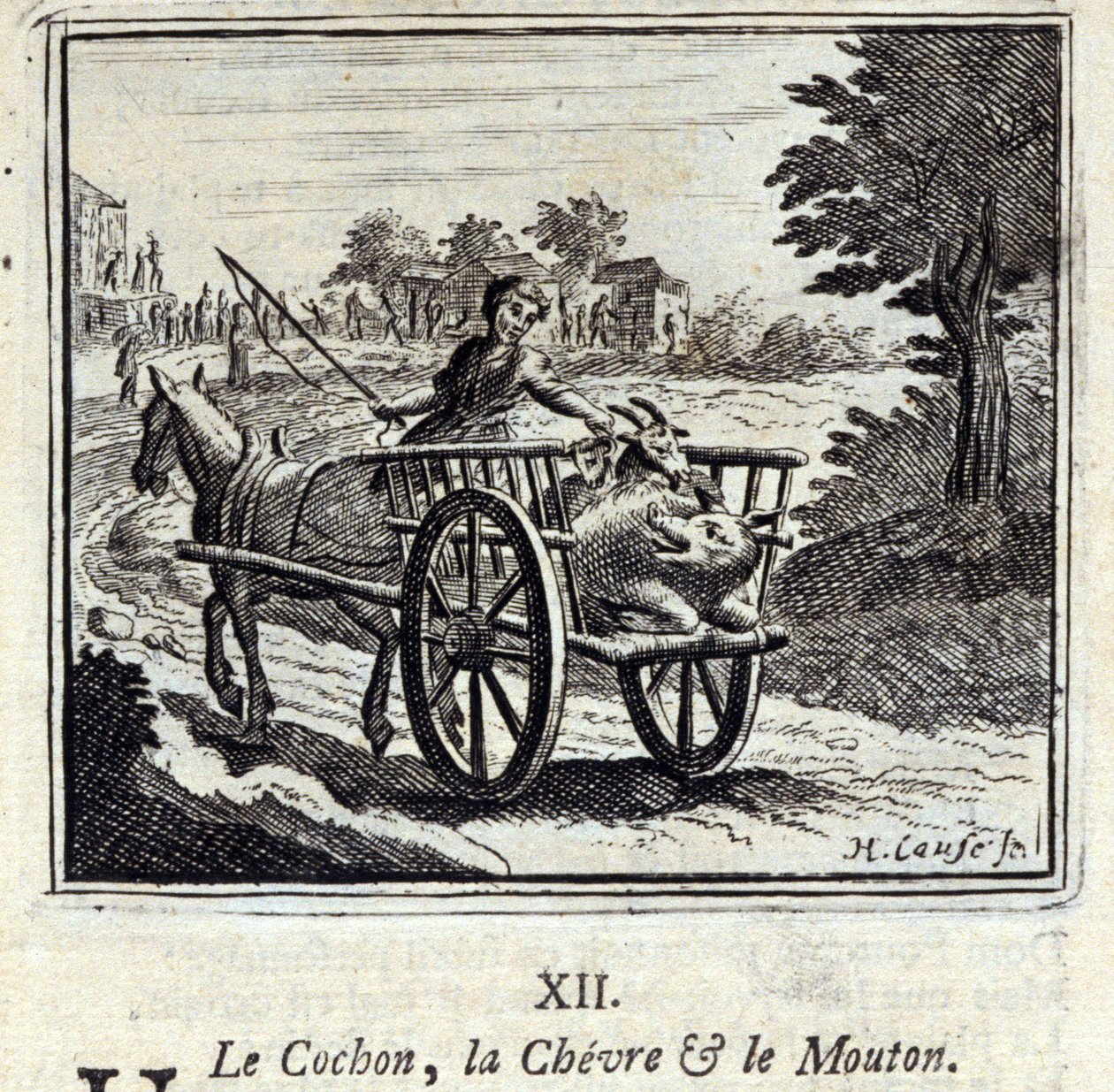 Het varken, de geit en het schaap. Fabels van Jean de La Fontaine. Illustratie door François Chauveau. Editie van 1728. door Francois Chauveau