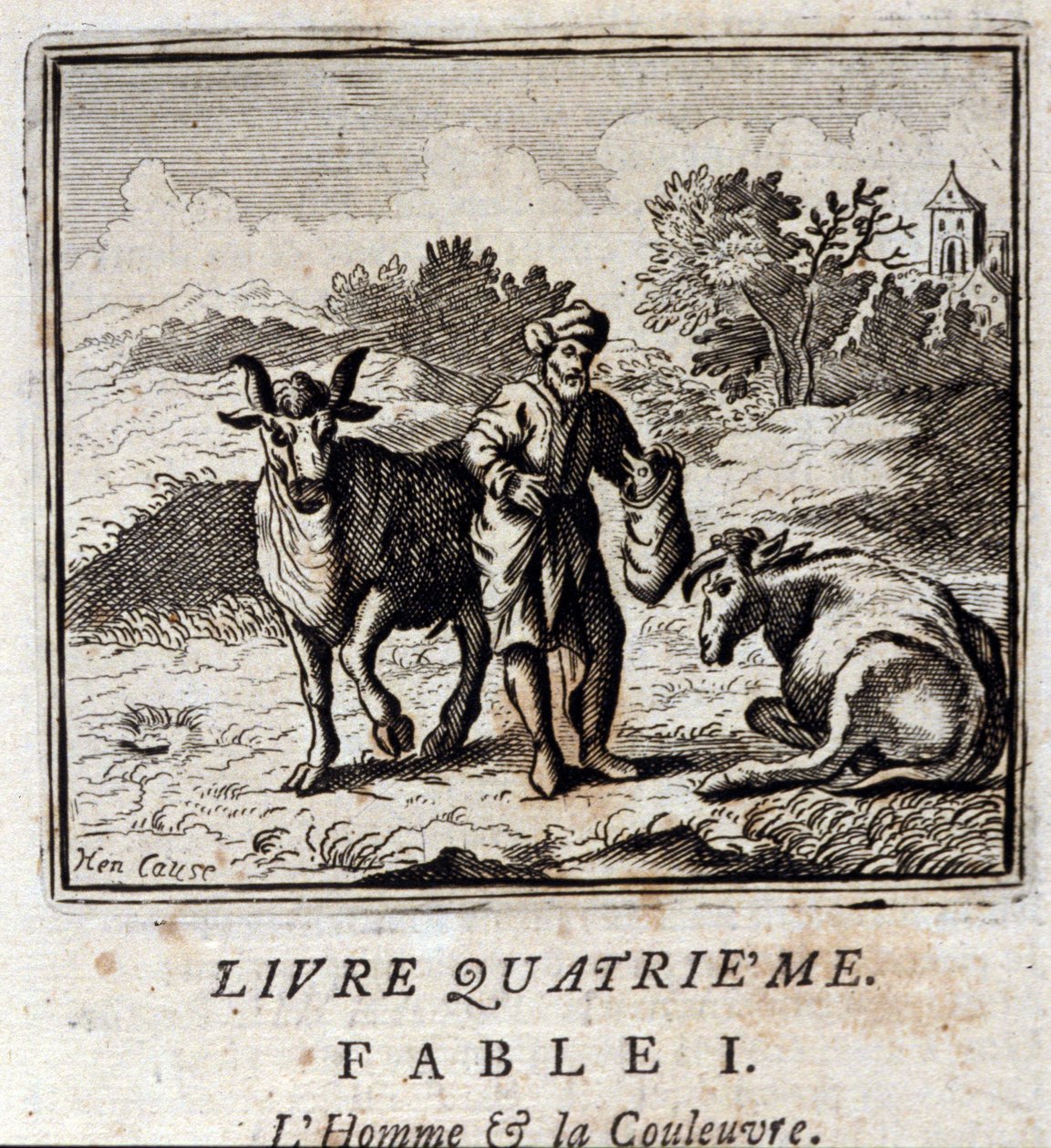 Man en slang. Fabels van Jean de La Fontaine (1621-95). Illustratie door François Chauveau (1613-1676). Editie van 1728. door Francois Chauveau