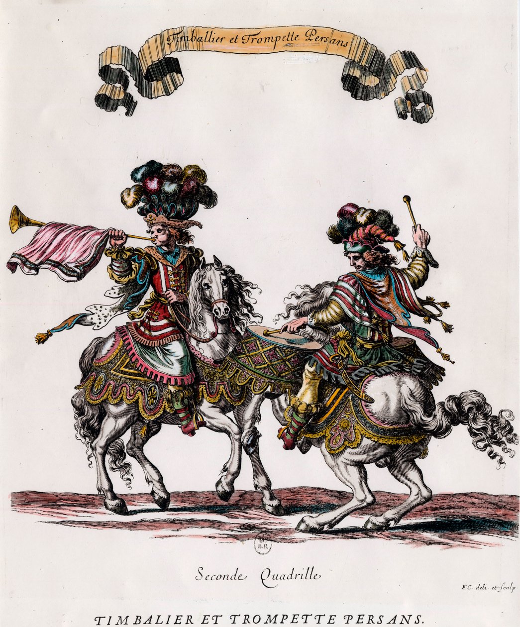 Perzische trommelaar en trompettist tijdens de carrousel gegeven door koning Lodewijk XIV (1639-1715). Gravure door Francois Chauveau (1613-1676) circa 1662. Privécollectie door Francois Chauveau