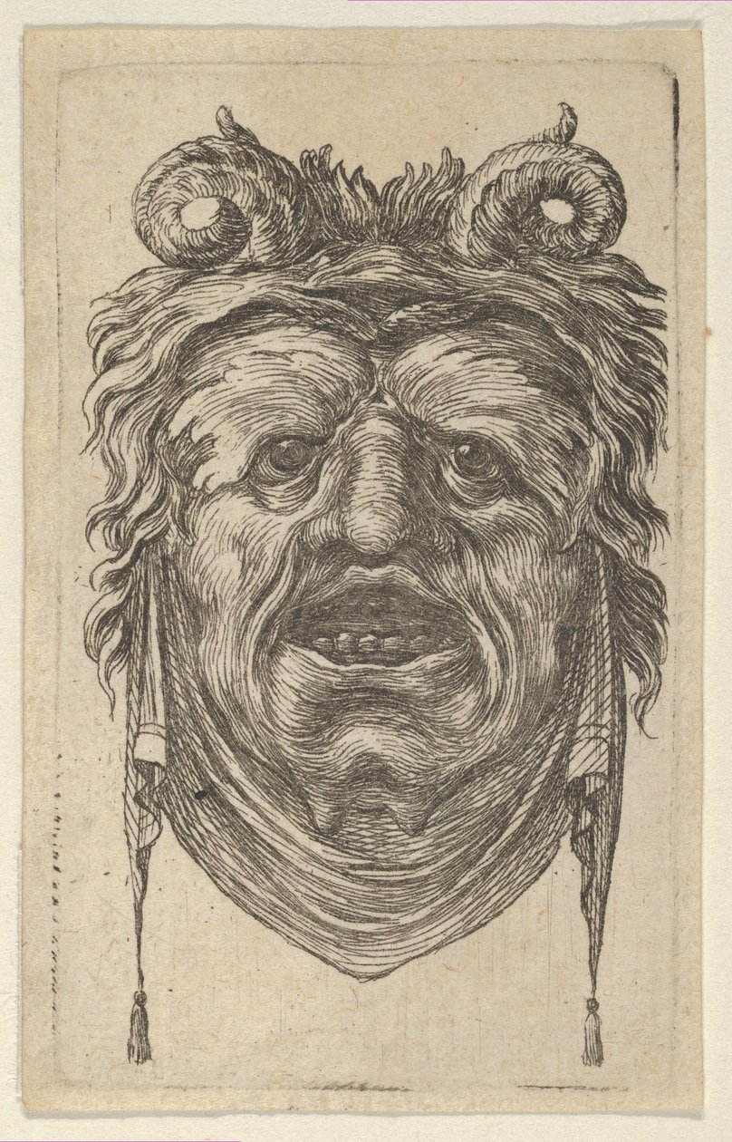 Satermasker met gekrulde hoorns, bladerige wenkbrauwen en een doek onder de kin. door Francois Chauveau