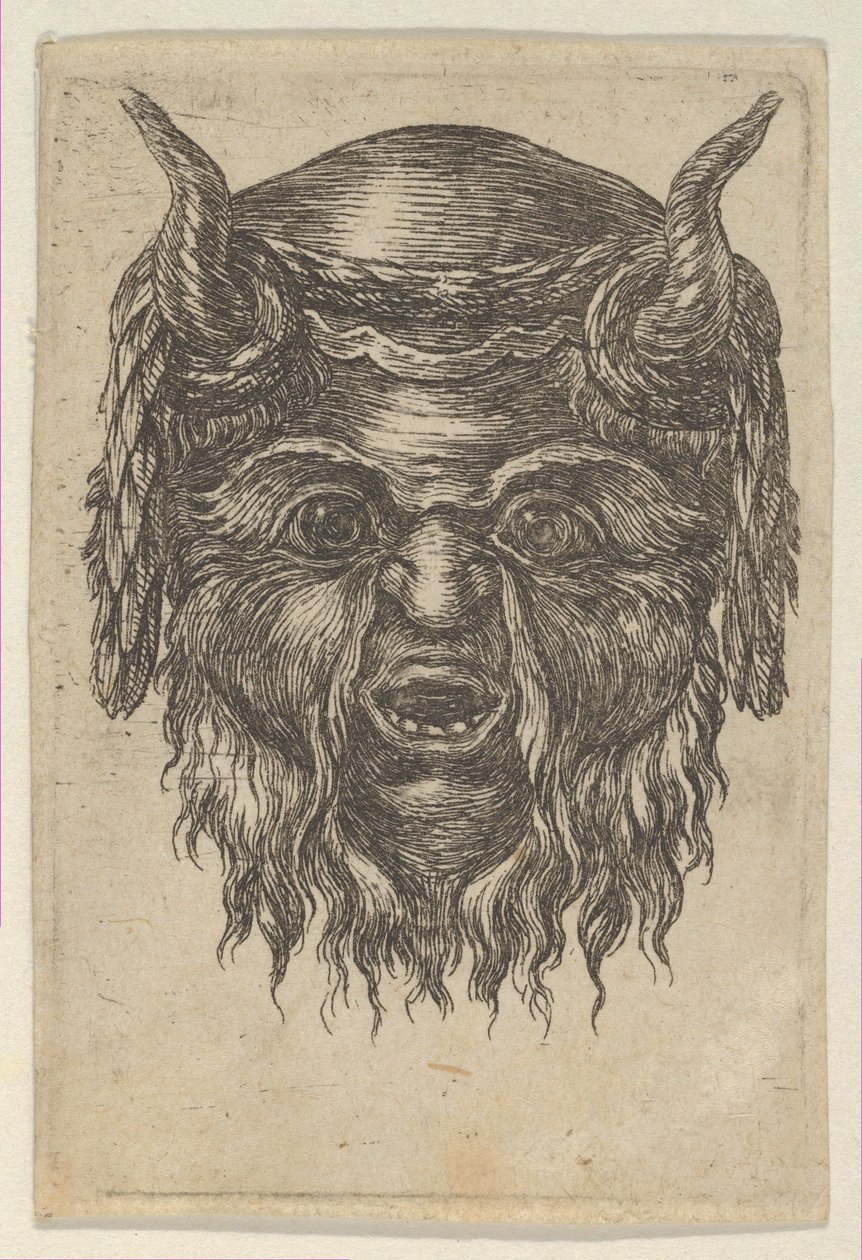 Satermasker met een laurierkrans over de hoorns gedrapeerd, uit Divers Masques, ca. 1635-45 door Francois Chauveau