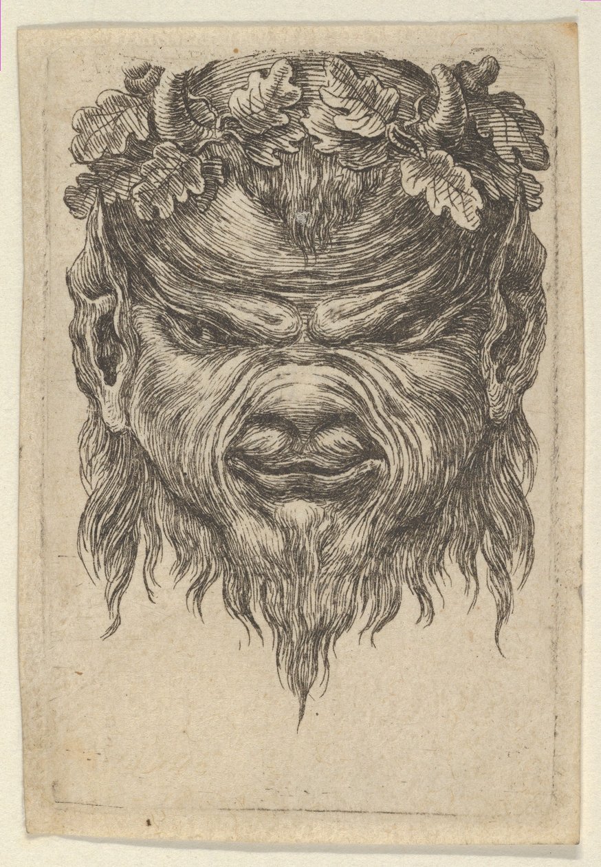 Satermasker met een ingedeukte snuit en een krans van eikenbladeren, uit Divers Masques, ca. 1635-45 door Francois Chauveau