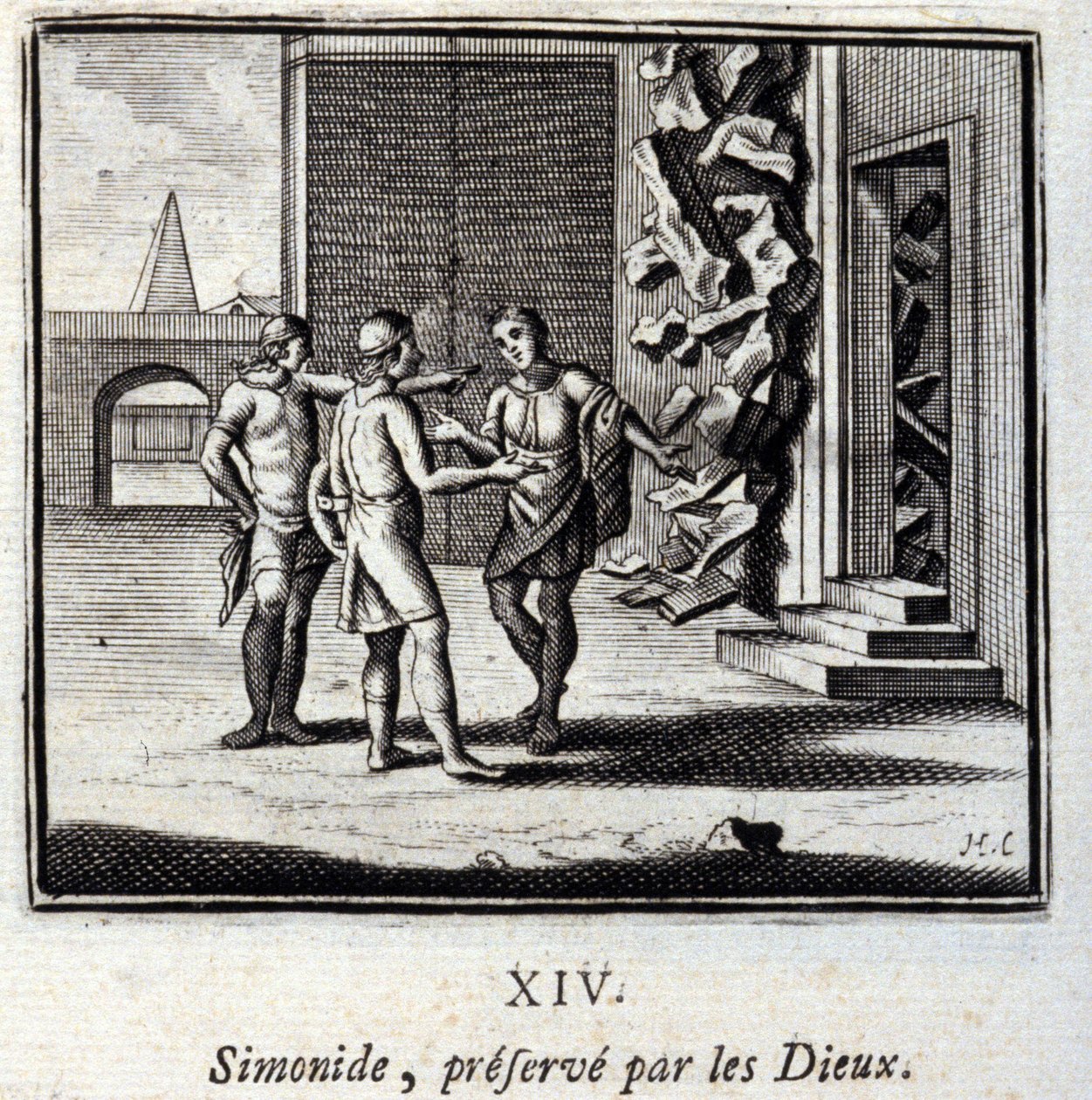 Simonides gered door de goden. Fabels door Jean de La Fontaine (1621-95). Illustratie door François Chauveau (1613-1676). Editie van 1728. door Francois Chauveau
