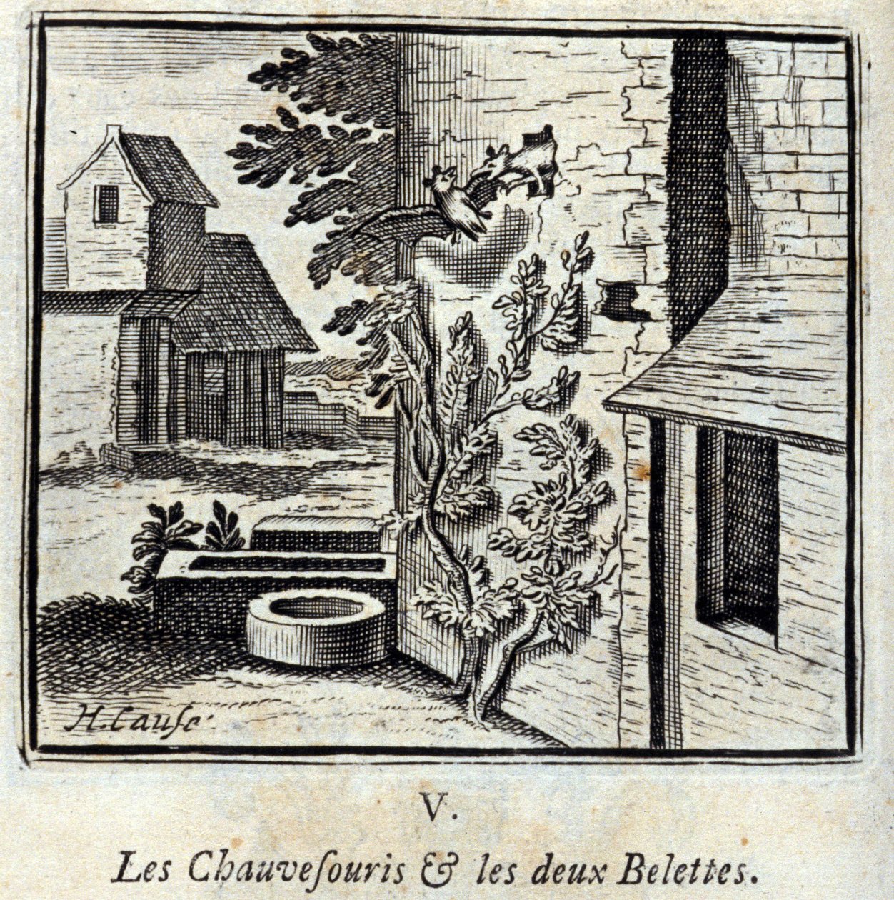 De Vleermuis en de twee Wezels. Fabels van Jean de La Fontaine. Illustratie door François Chauveau. Editie van 1728. door Francois Chauveau