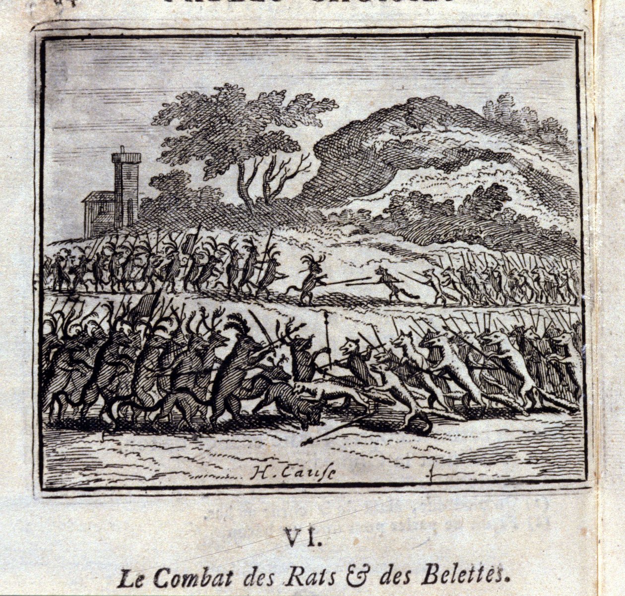 De strijd van ratten en wezels. Fabels door Jean de La Fontaine (1621-95). Illustratie door François Chauveau (1613-1676). Editie van 1728. door Francois Chauveau