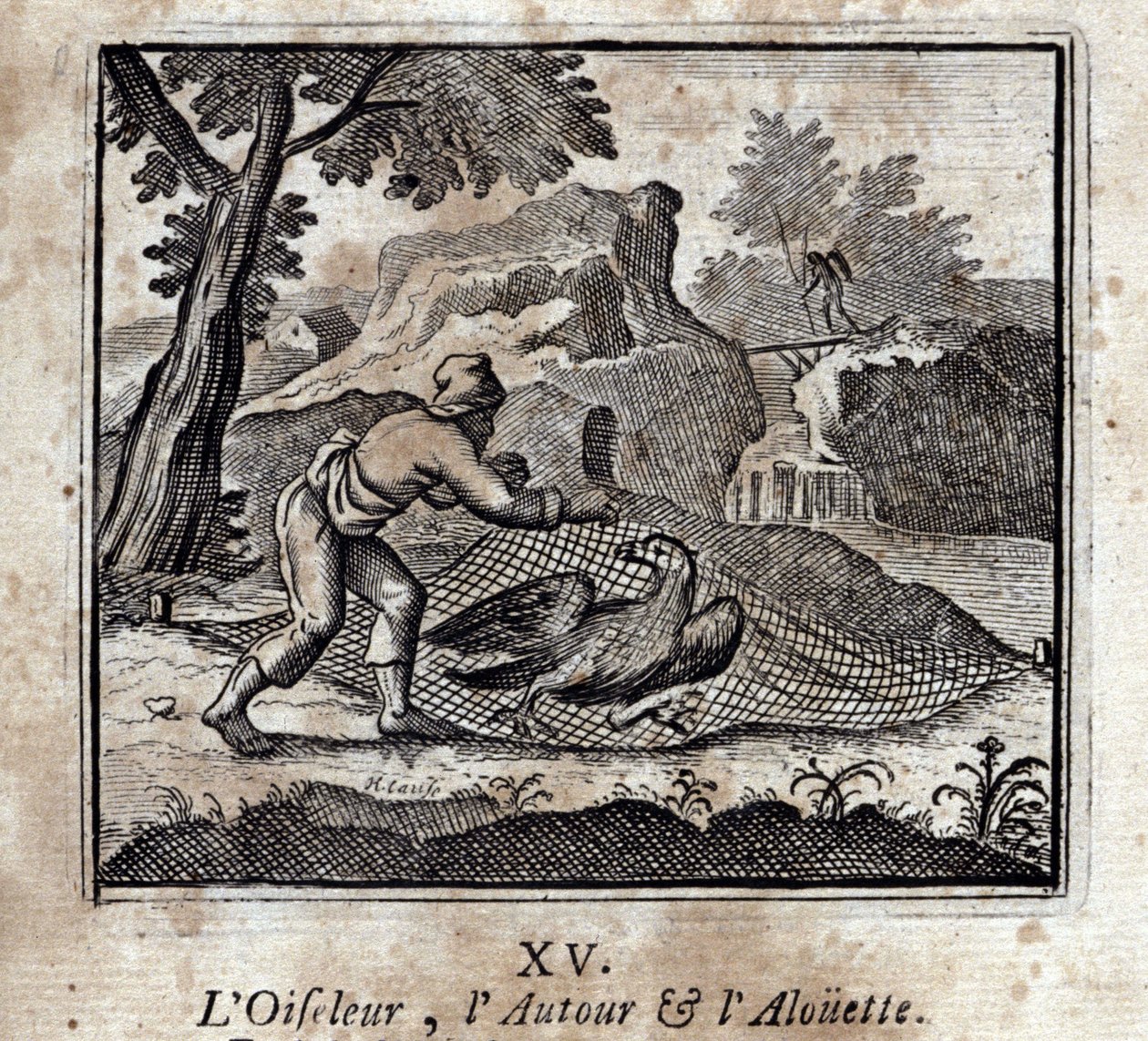 De vogel, de rond en de leeuwerik. Fabels door Jean de La Fontaine (1621-95). Illustratie door François Chauveau (1613-1676). Editie van 1728. door Francois Chauveau