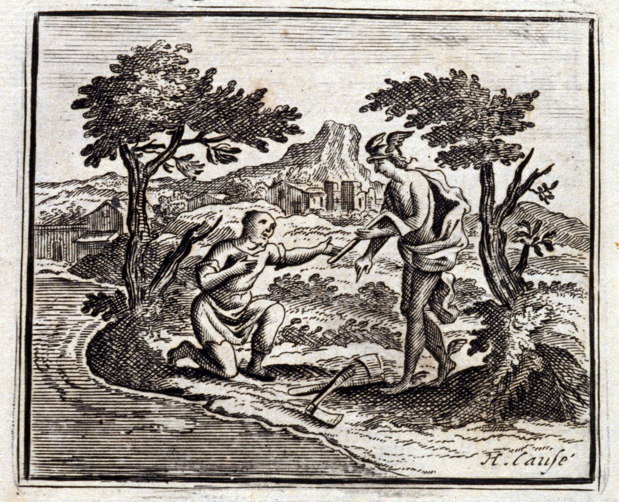 De Houthakker en Mercurius. Fabels van Jean de La Fontaine. Illustratie door François Chauveau. Editie van 1728. door Francois Chauveau