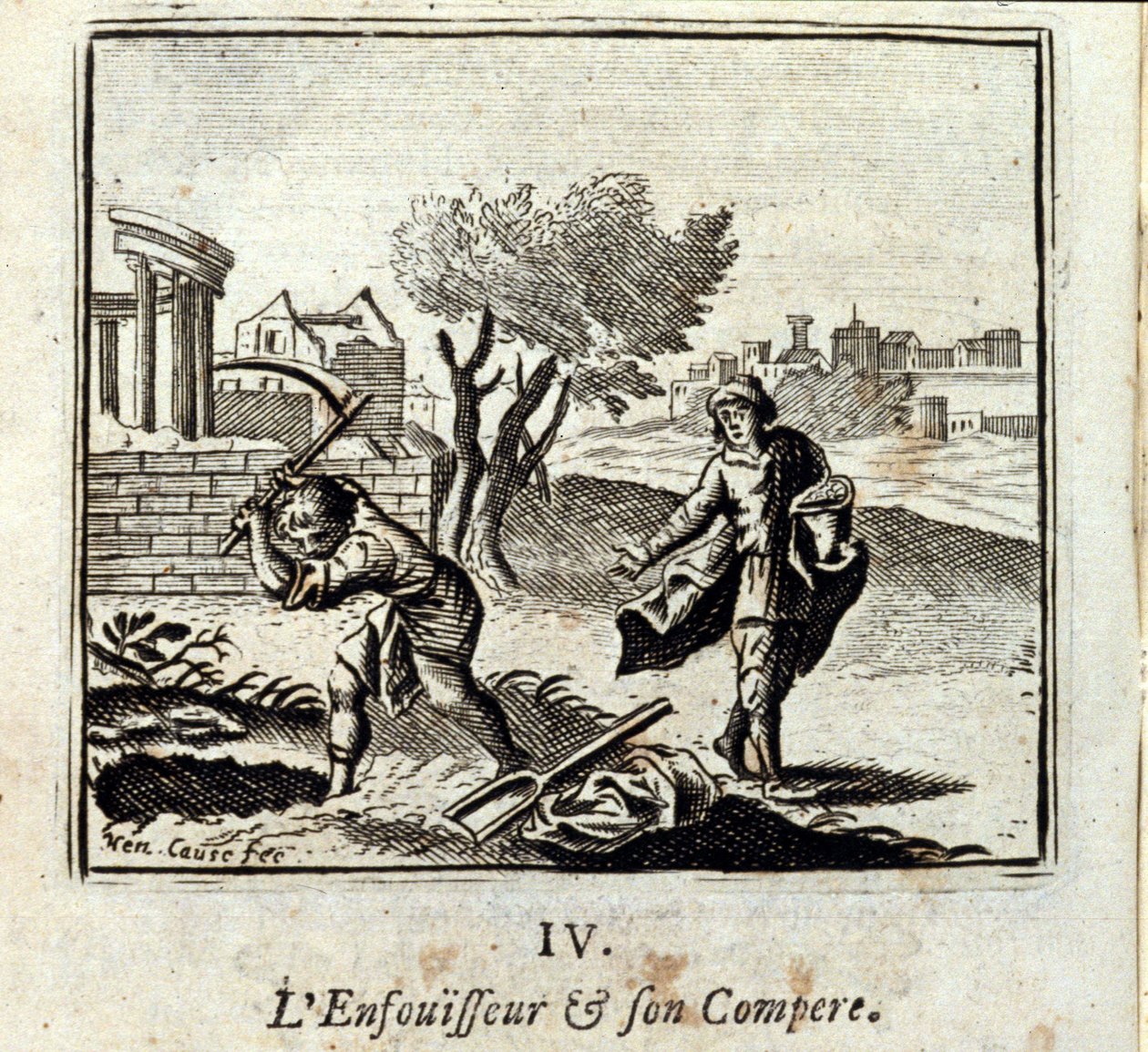 De brander en zijn kompaan. Fabels van Jean de La Fontaine (1621-95). Illustratie door François Chauveau (1613-1676). Editie van 1728. door Francois Chauveau