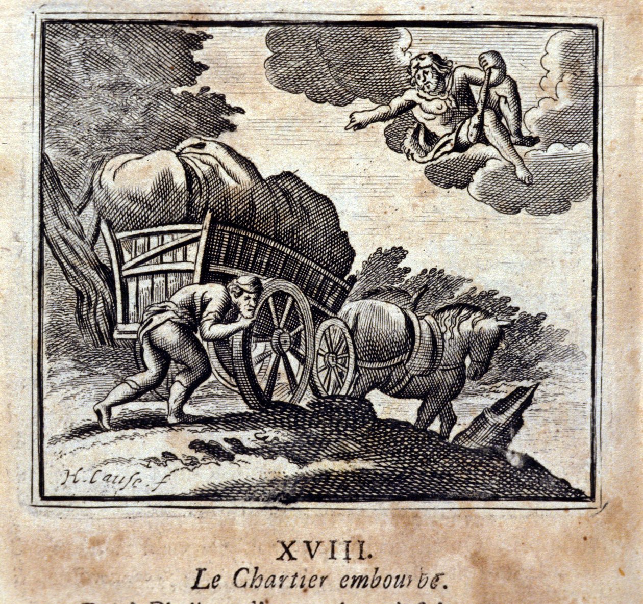 De voerman is lastig. Fabels van Jean de La Fontaine. Illustratie door François Chauveau. Editie van 1728. door Francois Chauveau