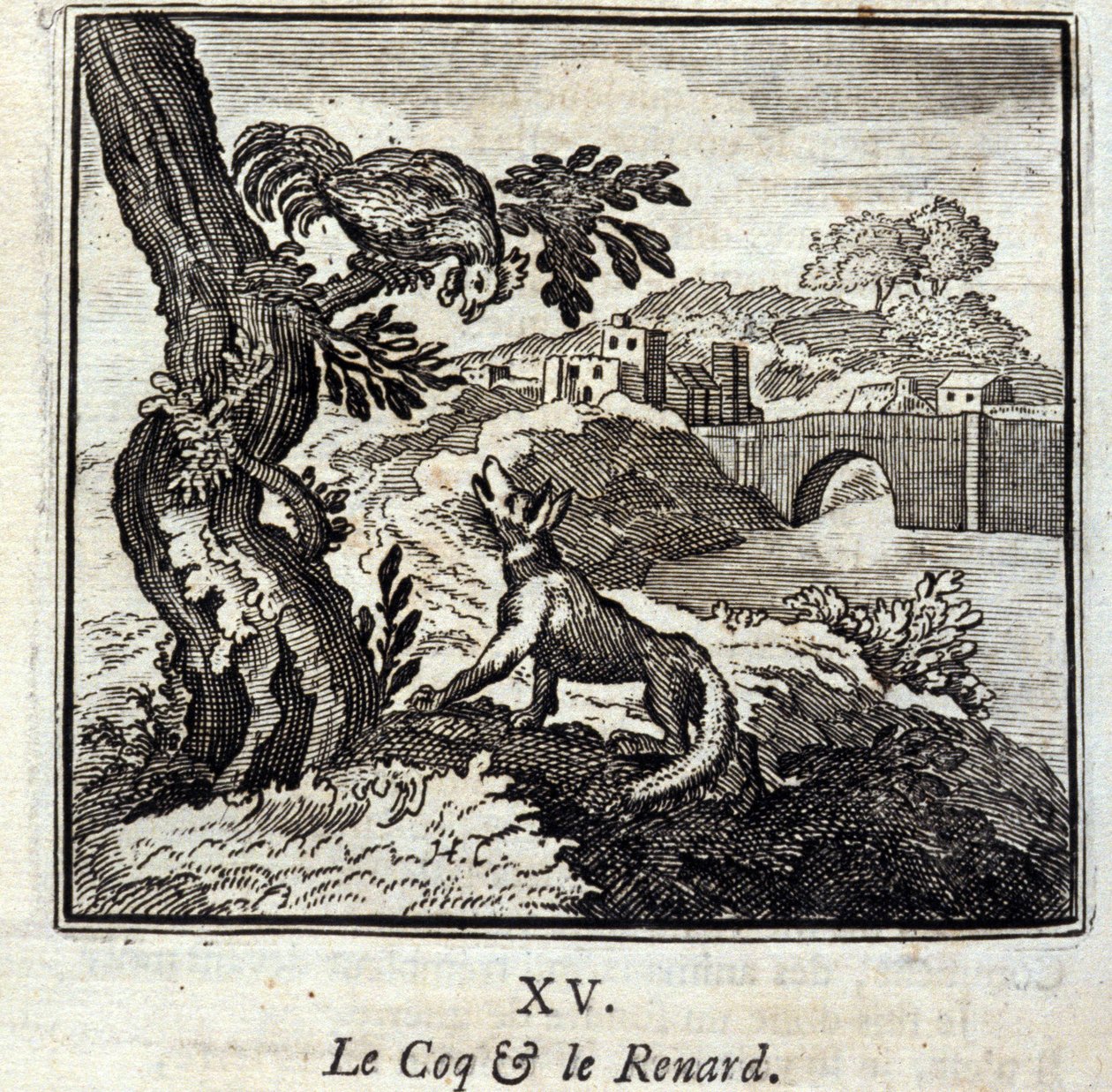 De Haan en de Vos. Fabels van Jean de La Fontaine. Illustratie door François Chauveau. Editie van 1728. door Francois Chauveau