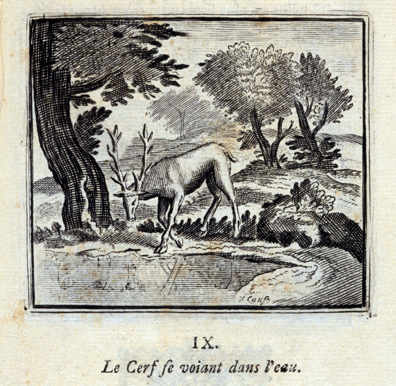 Het hert dat zichzelf in het water ziet. Fabels door Jean de La Fontaine (1621-95). Illustratie door François Chauveau (1613-1676). Editie van 1728. door Francois Chauveau