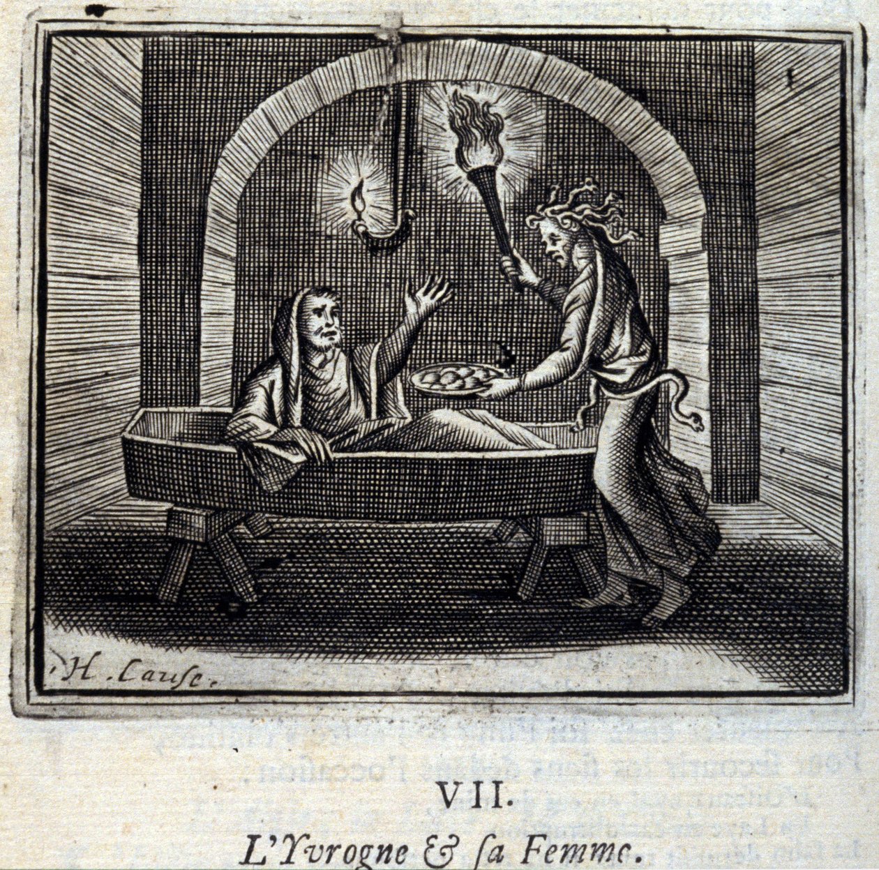 De dronkaard en zijn vrouw. Fabels van Jean de La Fontaine (1621-95). Illustratie door François Chauveau (1613-1676). Editie van 1728. door Francois Chauveau