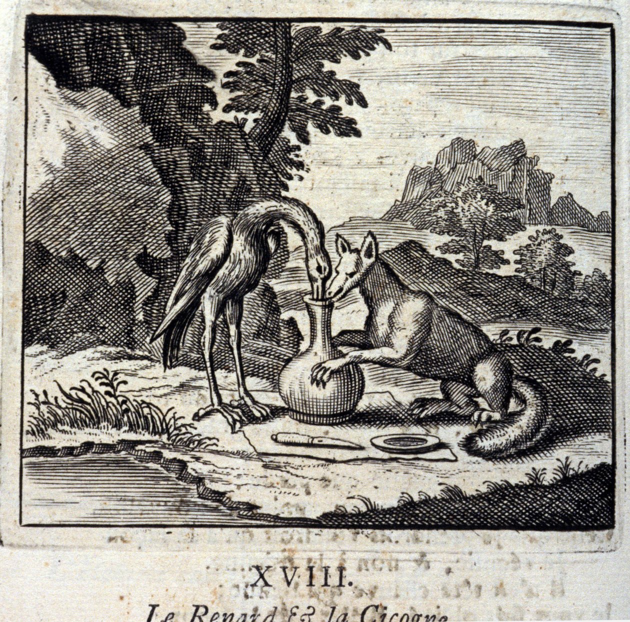 De vos en de ooievaar. Fabels van Jean de La Fontaine (1621-95). Illustratie door François Chauveau (1613-1676). Editie van 1728. door Francois Chauveau