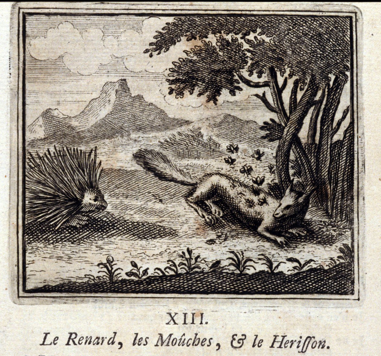 De Vos, de Vliegen en de Egel. Fabels van Jean de La Fontaine. Illustratie door François Chauveau. Editie van 1728. door Francois Chauveau