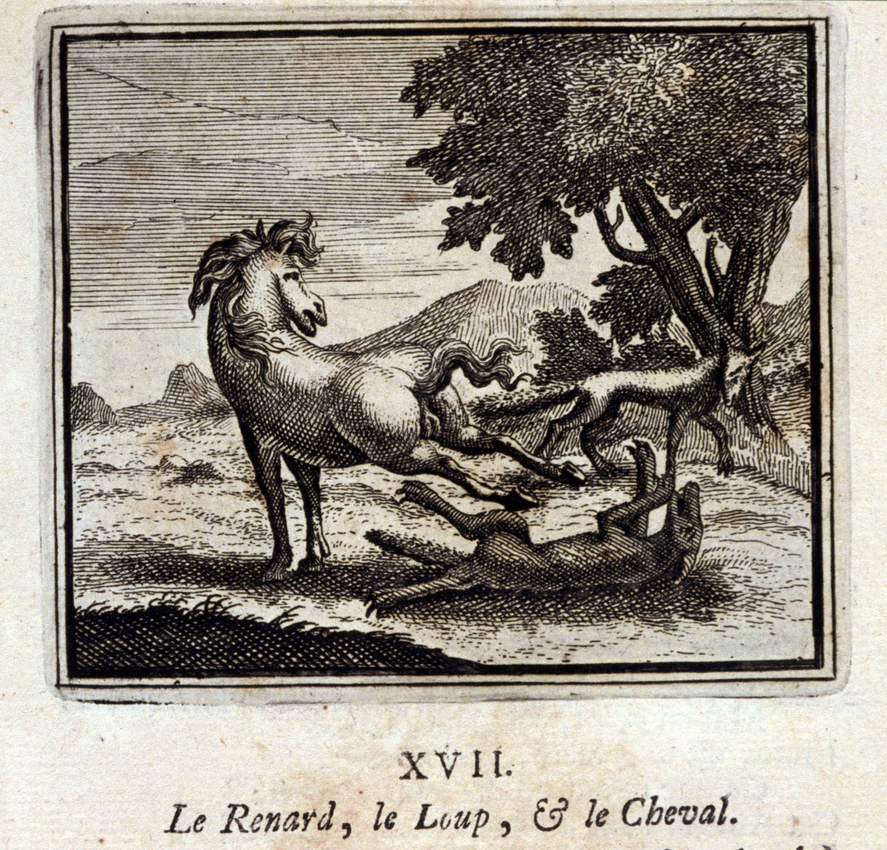 De vos, de wolf en het paard. Fabels door Jean de La Fontaine (1621-95). Illustratie door François Chauveau (1613-1676). Editie van 1728. door Francois Chauveau