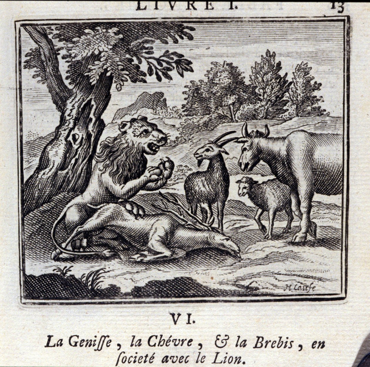 De koe, de geit en het schaap in gezelschap van de leeuw. Fabels door Jean de La Fontaine (1621-95). Illustratie door François Chauveau (1613-1676). Editie van 1728. door Francois Chauveau